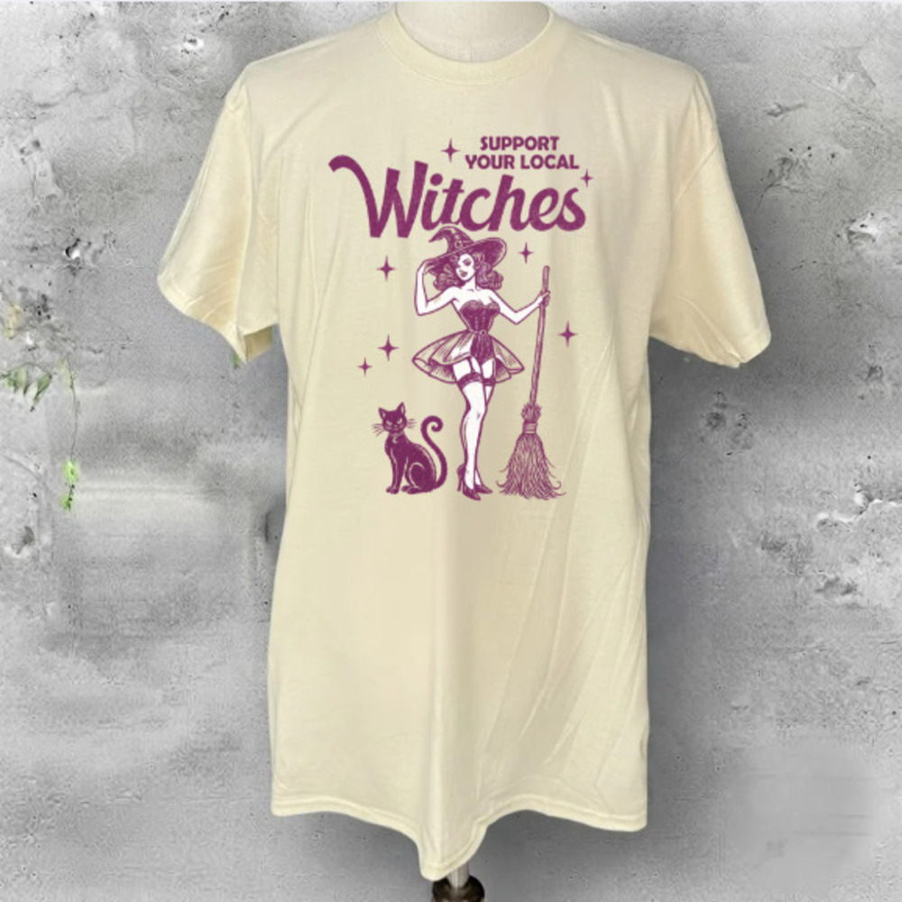 Support Your Local Witches Retro Pinup Girl Black Cat Broom Vintage T-Shirt